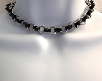 BLACK CHOKER Handmade Stainless Steel Chainmail Choker Necklace with Black Accent Rings