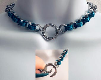 TEAL & SILVER Chainmail Choker Necklace with Spring-Locking O-Ring and Teal Accent Rings Handmade 18” Stainless Steel