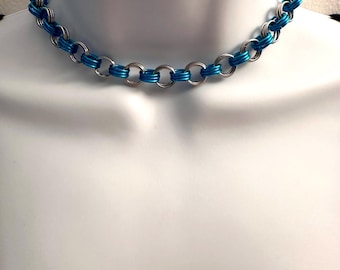 TEAL CHOKER Handmade Stainless Steel Chainmail Choker Necklace with Teal Accent Rings