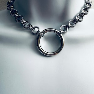 SILVER Chainmail with Large O-Ring Choker Necklace 16”  18” or 20” Stainless Steel Handmade