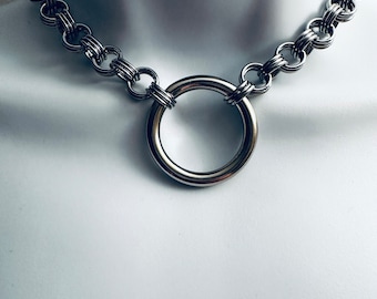 SILVER Chainmail with Large O-Ring Choker Necklace 16”  18” or 20” Stainless Steel Handmade