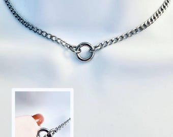 SMALL SPRING-LOCKING O-Ring on a Flat Stainless Steel Cuban Link Chain Choker Necklace Day Collar