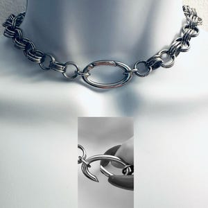 SILVER Chainmail Choker with Oval Spring Locking Front O-Ring Necklace Stainless Steel Handmade