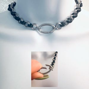 BLACK Chainmail Choker Necklace with Oval Spring-Locking O-Ring and Black Accent Rings Handmade 18” Stainless Steel