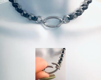 BLACK Chainmail Choker Necklace with Oval Spring-Locking O-Ring and Black Accent Rings Handmade Stainless Steel