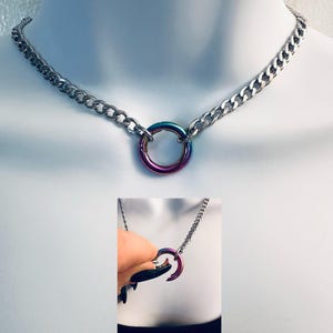 RAINBOW Spring-Locking O-Ring on a Stainless Steel Flat Cuban Link or Box Link Chain Choker Necklace