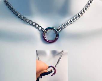 RAINBOW Spring-Locking O-Ring on a Stainless Steel Flat Cuban Link or Box Link Chain Choker Necklace