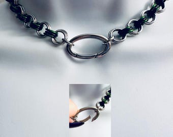 GREEN & BLACK Chainmail Choker Necklace with Oval Spring-Locking O-Ring and Green and Black Accent Rings Handmade 16” Stainless Steel