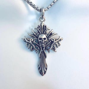 CROSS BOX LINK Stainless Steel Gothic Skull Cross with Flames on a Stainless Steel Flat Box Link Chain choose your length Goth Punk Alt Emo