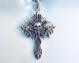 CROSS BOX LINK Stainless Steel Gothic Skull Cross with Flames on a Stainless Steel Flat Box Link Chain choose your length Goth Punk Alt Emo