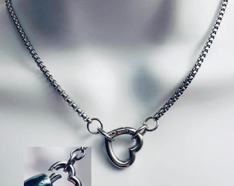 HEART O-RING Heart Shaped Spring Locking O-Ring on a 3mm flat Box Link Chain all Stainless Steel Choker Necklace Day Collar Sweetheart