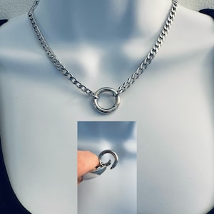 SPRING-LOCKING O-Ring on a Flat Stainless Steel Cuban Link Chain Choker Necklace Day Collar