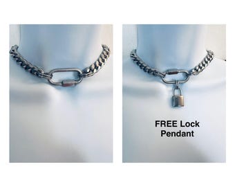 CARABINER CLIP Stainless Steel Very Heavy Chunky & Beveled Cuban Link Chain FREE Lock Pendant Necklace Goth Sub Emo Punk Alt