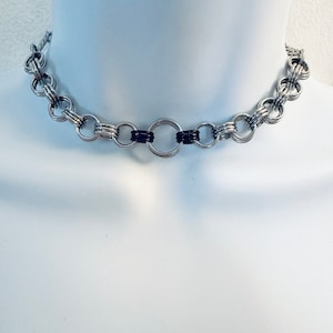 Black & SILVER Chainmail Choker Necklace with Black Accent Rings and Cuban Link Chain Handmade 16” Stainless Steel
