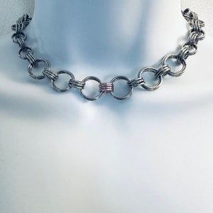 PINK & SILVER Chainmail Choker Necklace with Pink Accent Rings Handmade 16” Stainless Steel