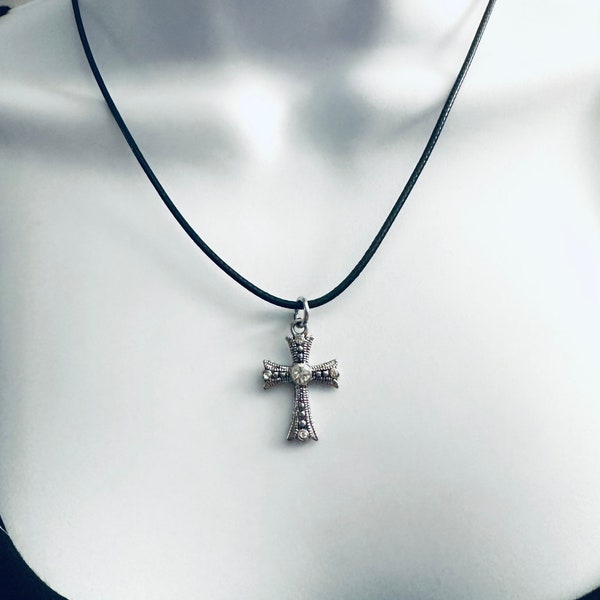 CROSS BLACK CORD Black & Silver Marcasite Gothic Cross with Rhinestones Pendant on a Black Cord Necklace