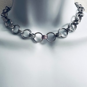 PINK & SILVER Chainmail Choker Necklace with Pink Accent Rings Handmade 16” Stainless Steel