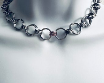 PINK & SILVER Chainmail Choker Necklace with Pink Accent Rings Handmade 16” Stainless Steel