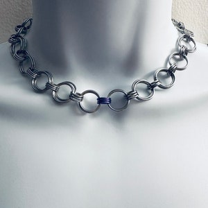 PURPLE & SILVER Chainmail Choker Necklace Stainless Steel Weave Pattern with Purple Accent Rings in Center 16” Handmade
