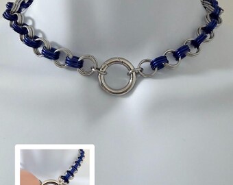 BLUE Chainmail Choker Necklace with Spring-Locking O-Ring and  Blue Accent Rings Handmade Stainless Steel Day Collar