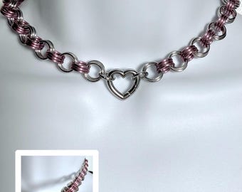 PINK Chainmail Choker Necklace with Heart Shaped Spring-Locking O-Ring and Mauve (Pink) Accent Rings Handmade Stainless Steel Day Collar