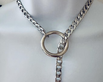 Collar de cadena con doble anillo en forma de O, totalmente de acero inoxidable, extra largo, estilo emo, gótico, punk, alternativo, estilo sub.