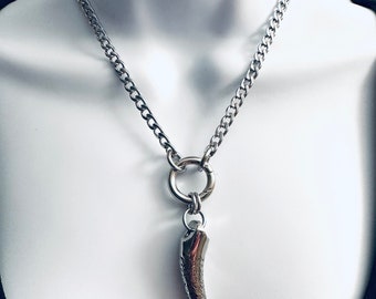 CLAW / TOOTH Stainless Steel Flat Cuban Link Chain with Round Spring Lock and Etched Canine Tooth / Claw Pendant