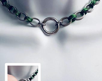 GREEN Chainmail Choker Necklace with Spring-Locking O-Ring and Green Accent Rings Handmade Stainless Steel