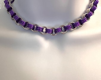 PURPLE & SILVER Chainmail Choker Necklace Stainless Steel Handmade Heavy and Sturdy