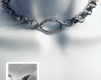 SILVER Chainmail Choker with Oval Spring Locking Front O-Ring Necklace Stainless Steel Handmade