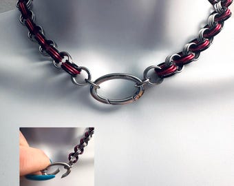 RED & BLACK Chainmail Choker Necklace with Oval Spring-Locking O-Ring and Red and Black Accent Rings Handmade Stainless Steel