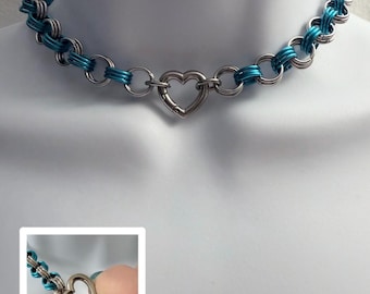 TEAL Chainmail Choker Necklace with Heart Shaped Spring-Locking O-Ring and Vibrant Teal Accent Rings Handmade Stainless Steel Day Collar