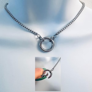 SPRING-LOCKING O-Ring Choker Necklace on a 3mm Stainless Steel flat Box Chain Day Collar