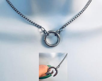 SPRING-LOCKING O-Ring Choker Necklace on a 3mm Stainless Steel flat Box Chain Day Collar