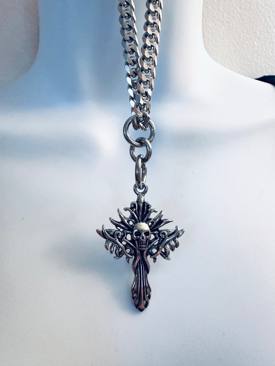 CROSS STAINLESS CUBAN Stainless Steel Gothic Skull Cross With Flames on ...