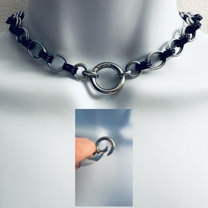 BLACK Chainmail Spring Locking O-Ring Choker 16” or 18” Stainless Steel Oval Rings with Black Round Accent Rings Handmade Necklace