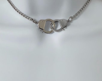 HANDCUFF NECKLACE Handcuffs on a Flat Cuban Link Chain all Stainless Steel Choker Collar Necklace