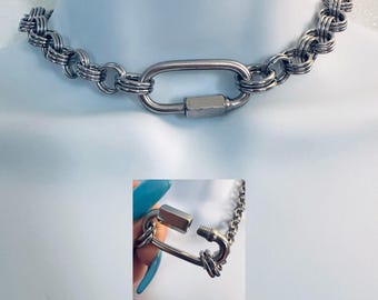 CARABINER CLIP Handmade Silver Chainmail Necklace with Carabiner Lock all Stainless Steel