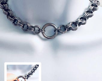 SILVER Chainmail Choker Necklace with Spring-Locking O-Ring Handmade all Stainless Steel Heavy Sturdy