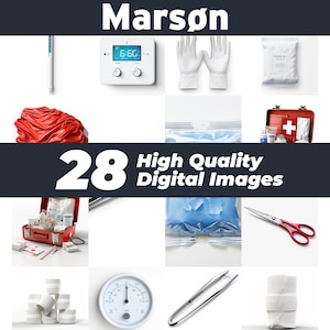 May include: A selection of 28 high-quality digital images showcasing medical supplies and equipment. Includes a digital clock, white gloves, a first aid kit, red scissors, bandages, and more. The word "Marsøn" is at the top.