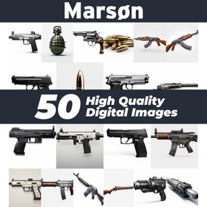 May include: A collection of 50 high-quality digital images featuring various firearms, including pistols, rifles, and submachine guns. The images are isolated on a white background and are ideal for use in design projects, video games, or other creative endeavours.