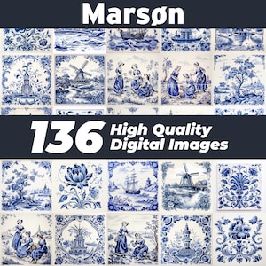 May include: A collection of 136 high-quality digital images featuring blue and white Delft tiles with various designs, including windmills, flowers, ships, and buildings.