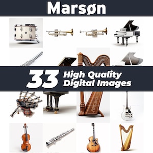 May include: A collection of 33 high-quality digital images featuring various musical instruments, including a grand piano, a harp, a trumpet, a flute, a violin, a guitar, a drum, bagpipes, and an electric guitar.