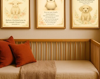 Antique Bible Verse Nursery Wall Art – Set of 3 Floral Animal Prints – Christian Baby Room Decor (Printable 8x10 Gold)