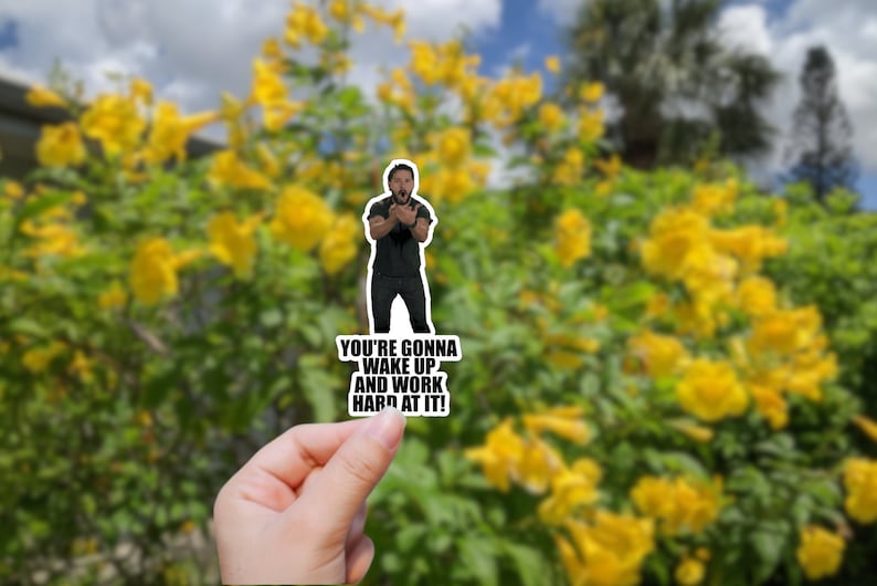 May include: A sticker featuring a man with a surprised expression, with the text "You're gonna wake up and work hard at it!"