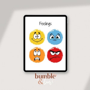 Puede incluir: Una pantalla de tableta digital que muestra cuatro caras de dibujos animados diferentes que representan emociones. Las caras son amarillas, azules, naranjas y rojas. El texto "Feelings" está en la parte superior de la pantalla. El texto "bumble & bow" está en la parte inferior de la pantalla.
