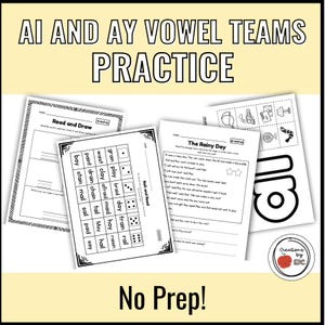 Puede incluir: Hojas de trabajo educativas para practicar los equipos vocálicos AI y AY. La imagen muestra varias hojas de trabajo en blanco y negro con texto e ilustraciones. Una hoja de trabajo se titula "Read and Draw", y otra se titula "Roll and Read". La frase "No Prep!" también es visible.