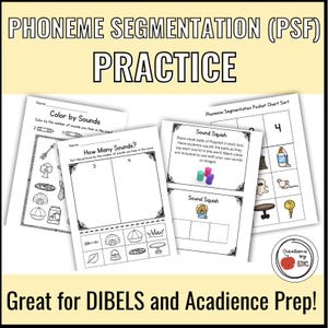 May include: White educational worksheets for phoneme segmentation practice. The worksheets include activities like "Color by Sounds" and "How Many Sounds?" with illustrations. Text on the image reads "Great for DIBELS and Acadience Prep!"