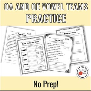 May include: Educational worksheets for practicing OA and OE vowel teams. The worksheets include reading passages, word hunts, and drawing activities. The text on the worksheets includes "The Farm Stand", "Read, Write, and Color", "Word Hunt", and "Read and Draw". The phrase "No Prep!" is also visible.