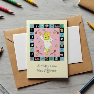 Impressão de cartão de aniversário – Cartão moderno e divertido desenhado à mão, papel com qualidade de museu, arte única para amigos e familiares, cartão de aniversário legal para presentear